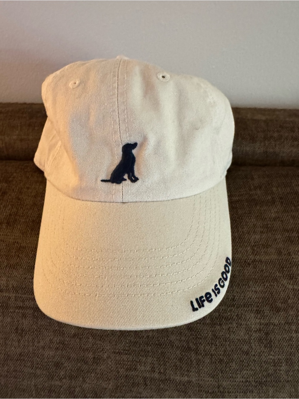 Life Is Good Beige Cap with Navy Dog Embroidery